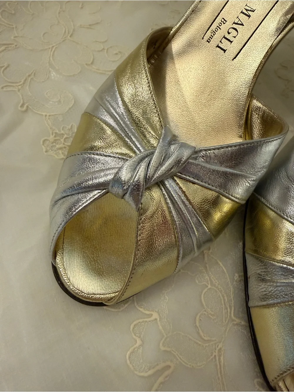 Bruno Magli Metallic Silver and Gold Knot Peep-Toe Slingback Vintage Heels